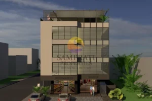 Samprati Properties building design with supermarket and boutique on ground floor.
